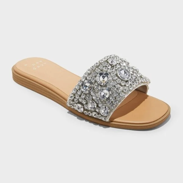 Women's Nylah Rhinestone Slide Sandals - A New Day™ : Memory Foam Insole, Open Toe, Textured Outsole, Slip On