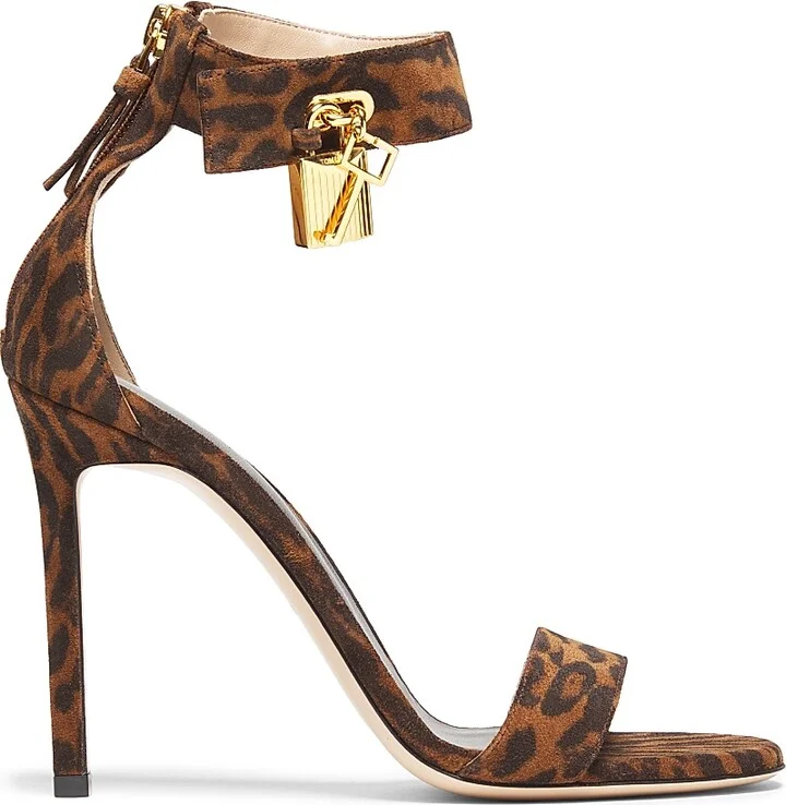 Women's Ocelot Print Suede 105MM Padlock Sandals - Brown Whisky - Size 6
