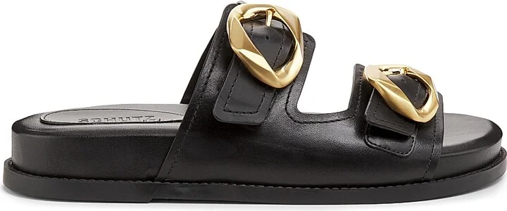 Women's Olga Buckle-Accented Leather Sandals - Black - Size 6.5