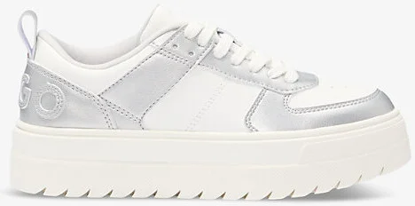 Womens Open White Branded Metallic-Panel Faux-Leather Low-Top Trainers Eur 41 / 8 Uk Women