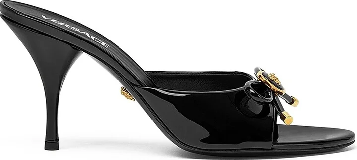 Women's Opera Bow 85MM Patent Leather Mules - Black Versace Gold - Size 5