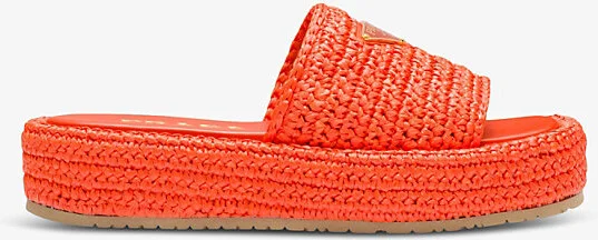 Womens Orange Logo-Plaque Crochet Woven Sliders Eur 38/5 Uk Women