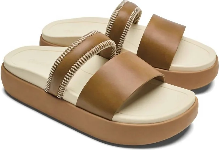 Women's Pae Leather Slide Sandal In Tan/white Sand