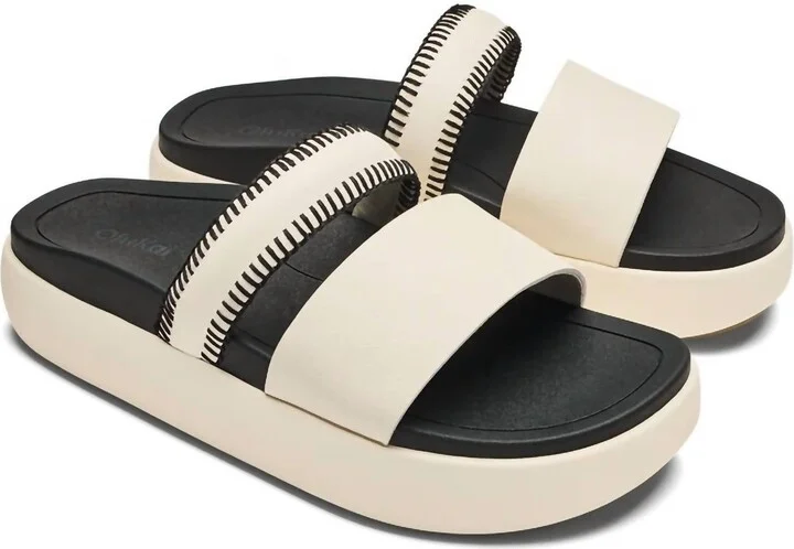 Women's Pae Leather Slide Sandal In White Sand/lava Rock