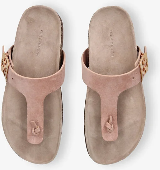 Womens Pale Pink Mellow Thong Logo-Plaque Suede Sandals Eur 38/5 Uk Women - Image 2