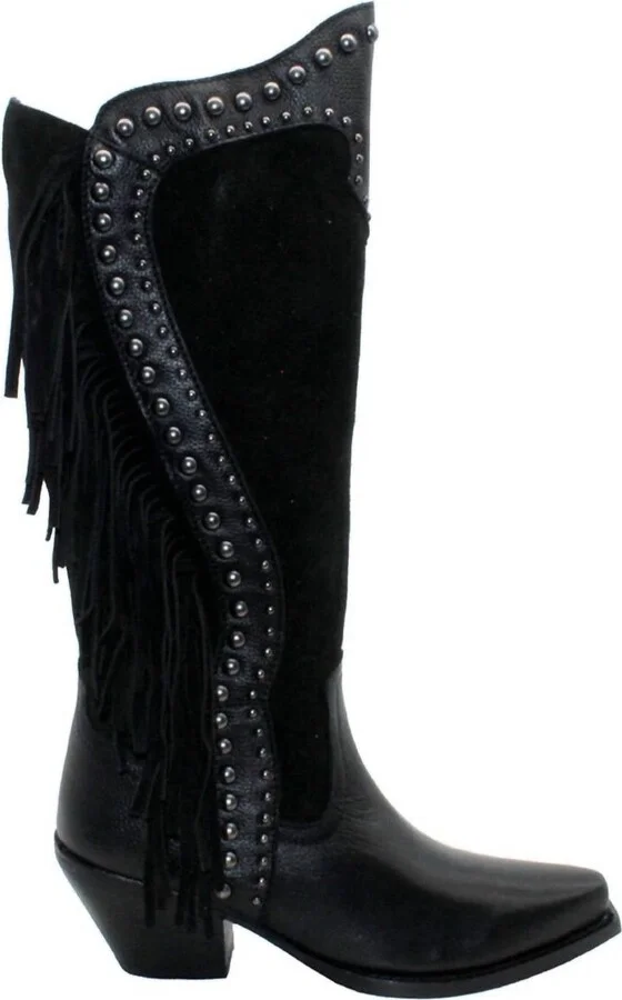 Women's Palomino Leather Stud And Fringe Boots In Black