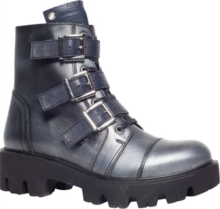 Women's Paris Combat Boots In Silver/dark Blue Black Leather