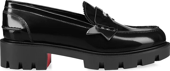 Women's Penny Lug Calf Leather Loafers - Black - Size 5