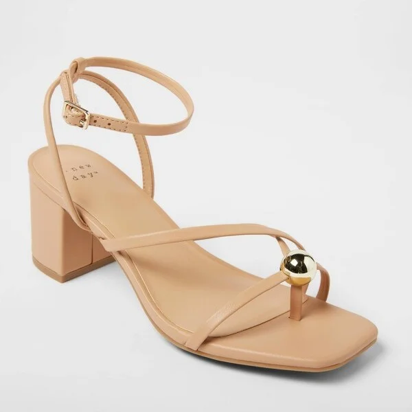 Women's Phoebe Strappy Ball Ornament Heels - A New Day™ : Adjustable Buckle Strap, Block Heel, Open Square Toe Design