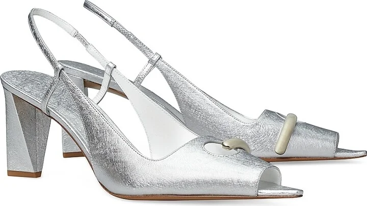 Women's Pierced Peep-Toe 75MM Metallic Leather Slingback Pumps - Silver - Size 10 - Image 2