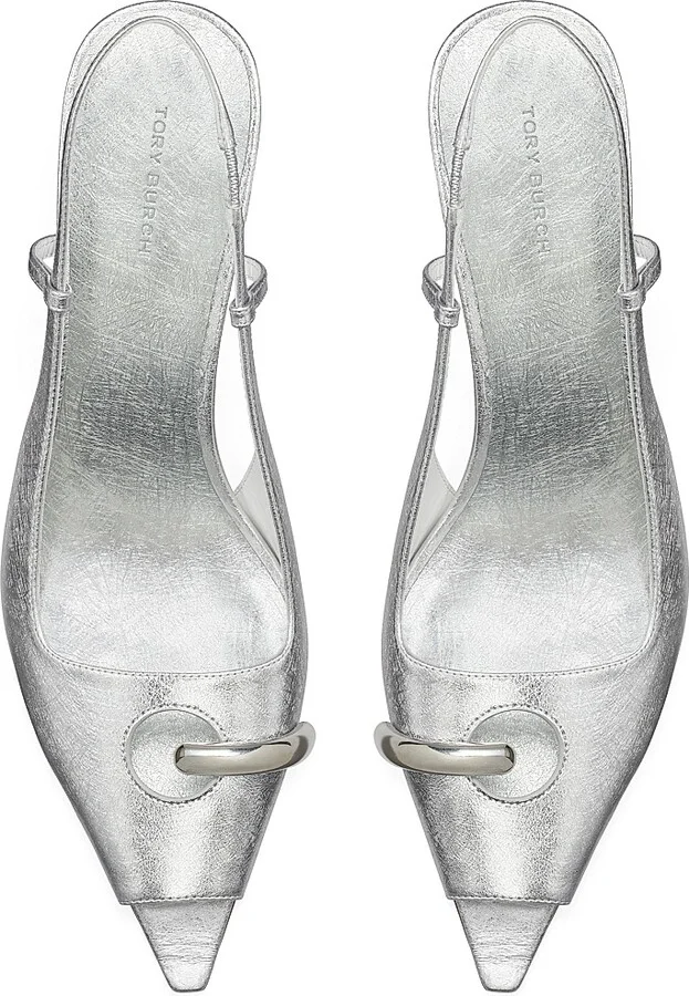 Women's Pierced Peep-Toe 75MM Metallic Leather Slingback Pumps - Silver - Size 10 - Image 3