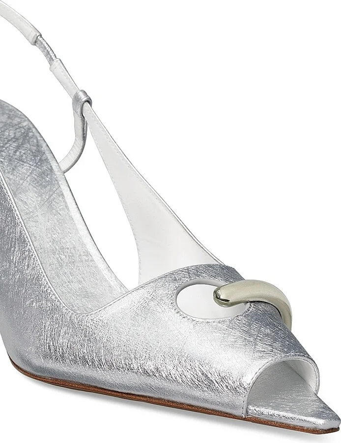 Women's Pierced Peep-Toe 75MM Metallic Leather Slingback Pumps - Silver - Size 10 - Image 4