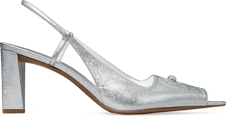 Women's Pierced Peep-Toe 75MM Metallic Leather Slingback Pumps - Silver - Size 10