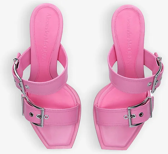 Womens Pink Buckle-Embellished Leather Heeled Mules Eur 37 / 4 Uk Women - Image 2