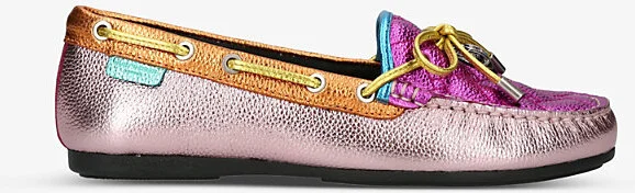 Womens Pink Comb Eagle-Embellished Rainbow-Print Leather Moccasin Shoes Eur 39 / 6 Uk Women