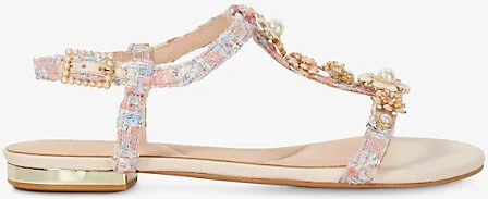 Womens Pink Fabric Nature Floral Embellished T-Bar Woven Sandals Eur 37 / 4 Uk Women