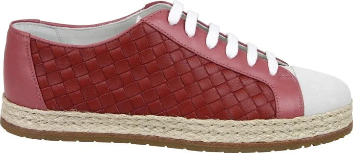 Women's Pink / Red Leather Woven Lace Ups Sneakers - Image 6
