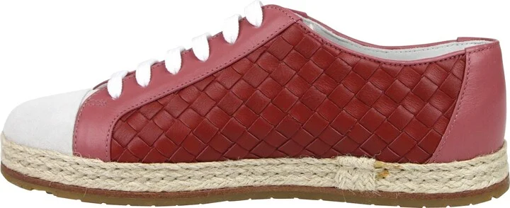 Women's Pink / Red Leather Woven Lace Ups Sneakers - Image 7