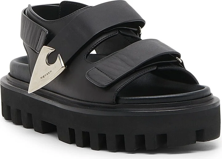 Women's Platform Leather Sandals - Black Silver - Size 6 - Image 2