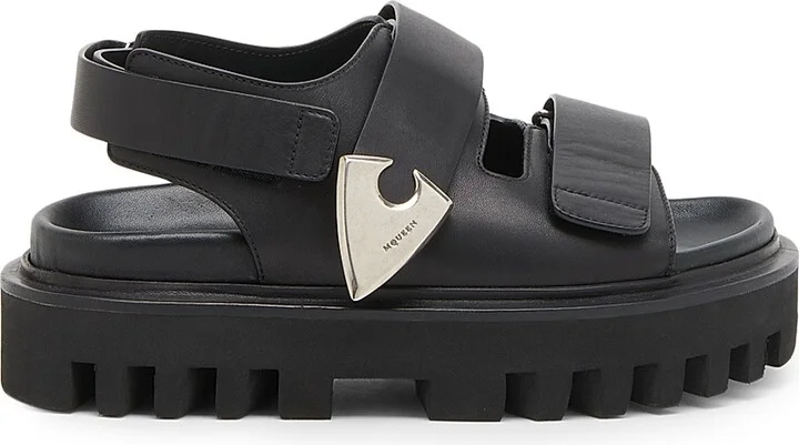 Women's Platform Leather Sandals - Black Silver - Size 6