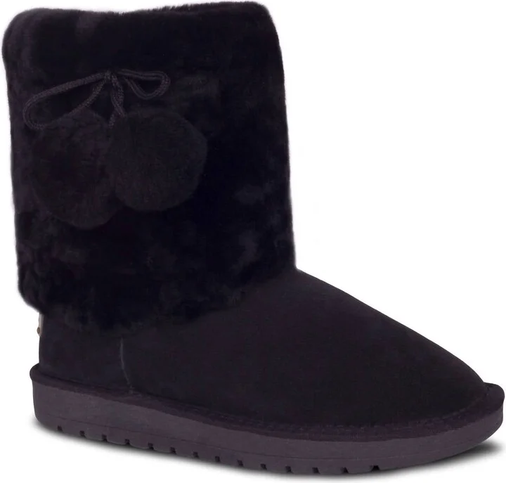 Women's Pom Pom Sheepskin Boots In Black
