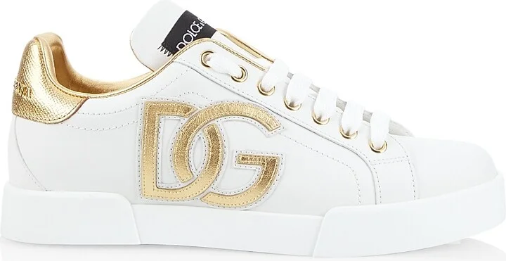 Women's Portofino Logo Metallic Leather Low-Top Sneakers - Bianco - Size 5