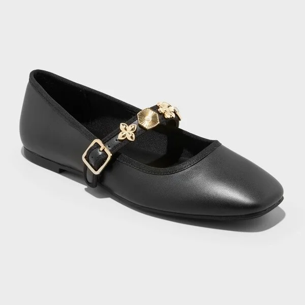 Women's Rebecca Embellished Strap Mary Jane Flats with Memory Foam Insole - A New Day™ : Buckle Closure, Textured Outsole