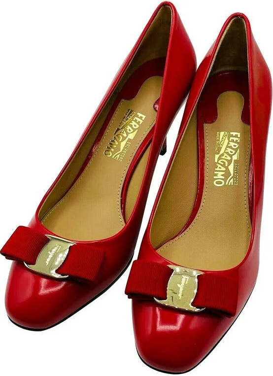 Women's Red Leather Bow Heel Pump 672532 (9 B) - Image 3