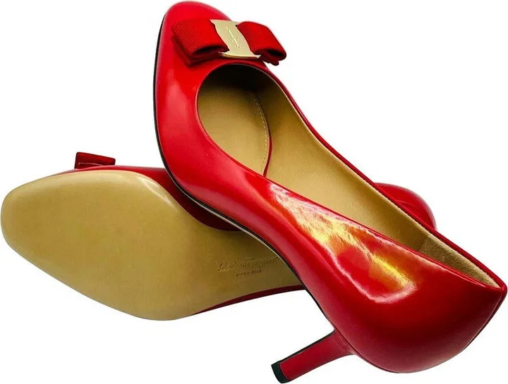 Women's Red Leather Bow Heel Pump 672532 (9 B) - Image 5