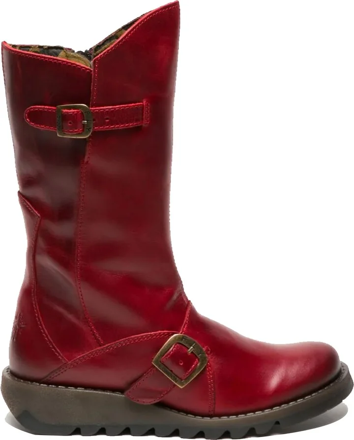 Womens Red MES 2 Wedge Heel Buckle Mid-Calf Leather Zip Platform Boots