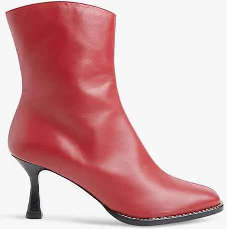 Womens Red Nettie Stitch-Trim Heeled Leather Ankle Boots Eur 41 / 8 Uk Women