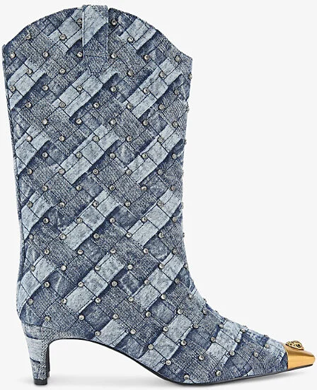 Womens Regent Crystal-Embellished Heeled Denim Calf Boots Eur 39 / 6 Uk Women