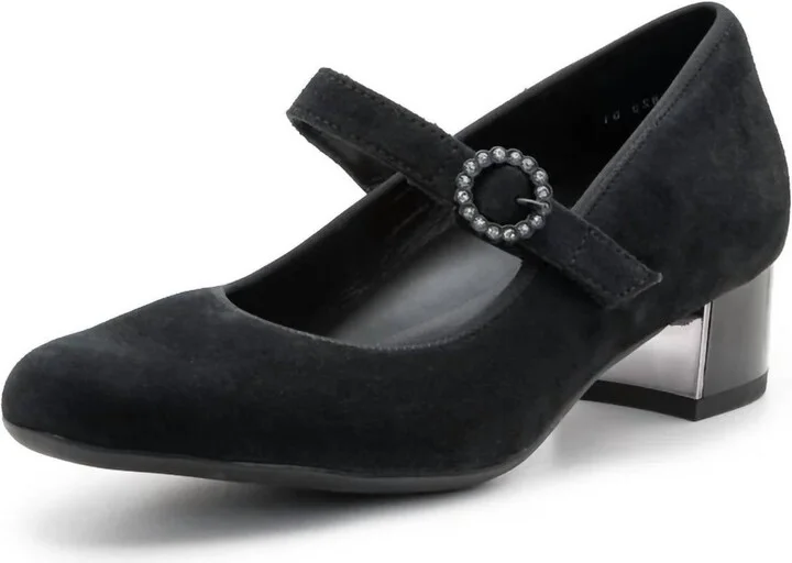 Women's Rhinestone Buckle Mary Jane Pumps In Black Suede