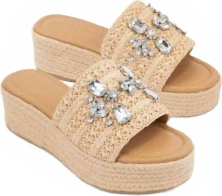 Women's Rhinestone Raffia Platform Sandals In Beige