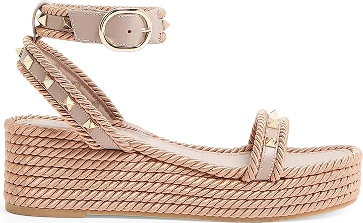 Women's Rockstud 45MM Flatform Sandals in Calfskin - Poudre - Size 6