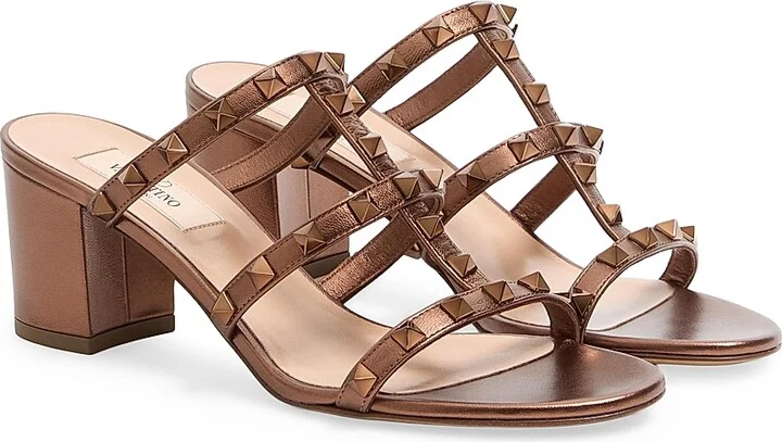 Women's Rockstud 60MM Metallic Calfskin Leather Slide Sandals - Bronze - Size 7 - Image 2