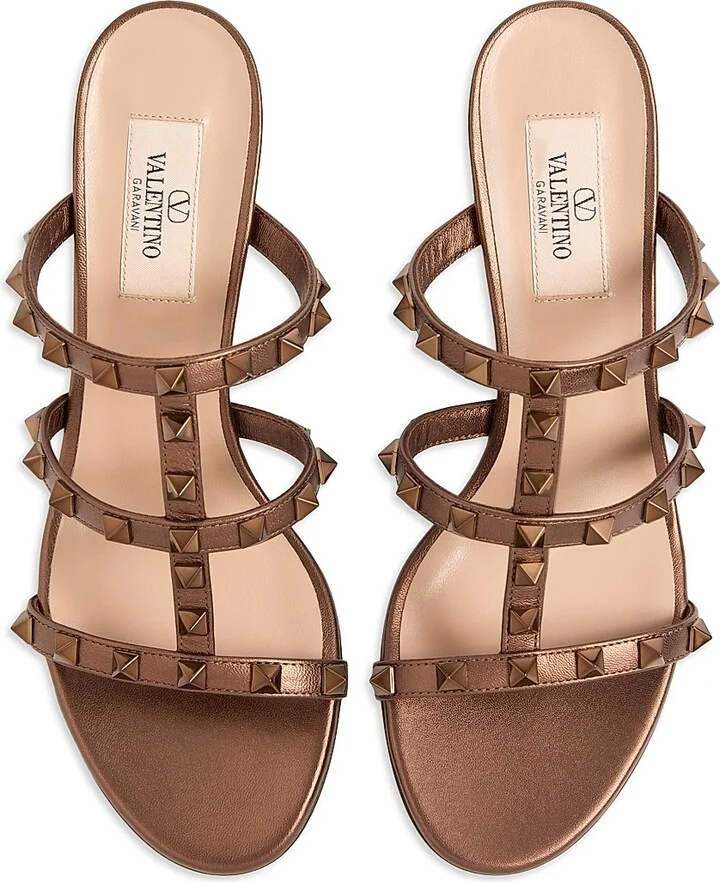 Women's Rockstud 60MM Metallic Calfskin Leather Slide Sandals - Bronze - Size 7 - Image 4