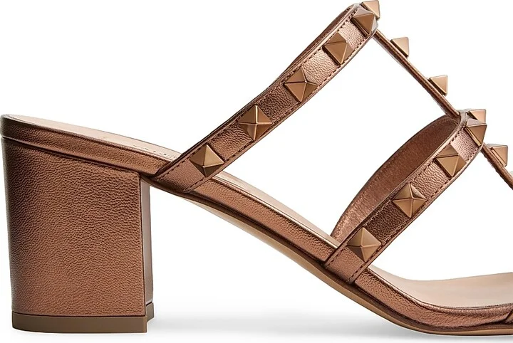 Women's Rockstud 60MM Metallic Calfskin Leather Slide Sandals - Bronze - Size 7 - Image 6