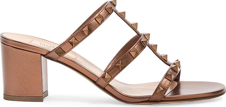 Women's Rockstud 60MM Metallic Calfskin Leather Slide Sandals - Bronze - Size 7