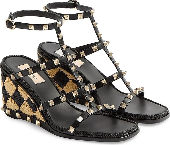 Women's Rockstud 80MM Wedge Sandals in Calfskin - Black Natural - Size 7 - Image 2