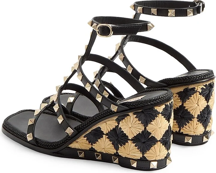 Women's Rockstud 80MM Wedge Sandals in Calfskin - Black Natural - Size 7 - Image 3