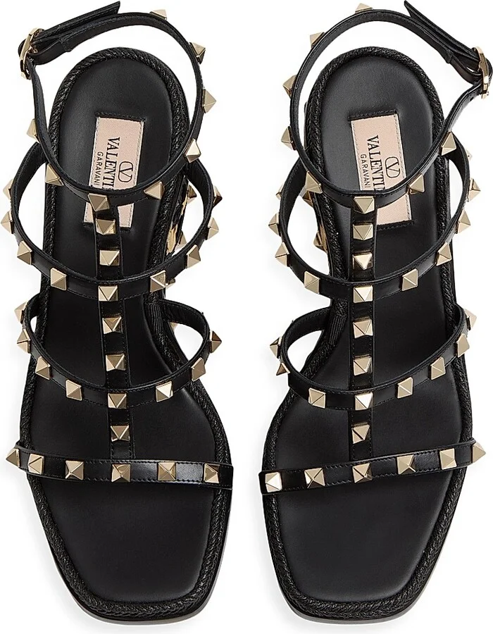 Women's Rockstud 80MM Wedge Sandals in Calfskin - Black Natural - Size 7 - Image 4