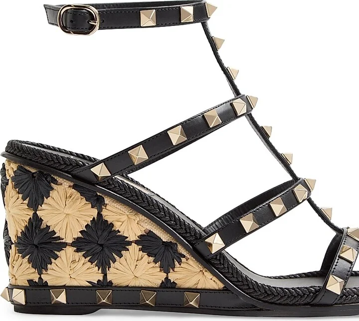 Women's Rockstud 80MM Wedge Sandals in Calfskin - Black Natural - Size 7 - Image 5