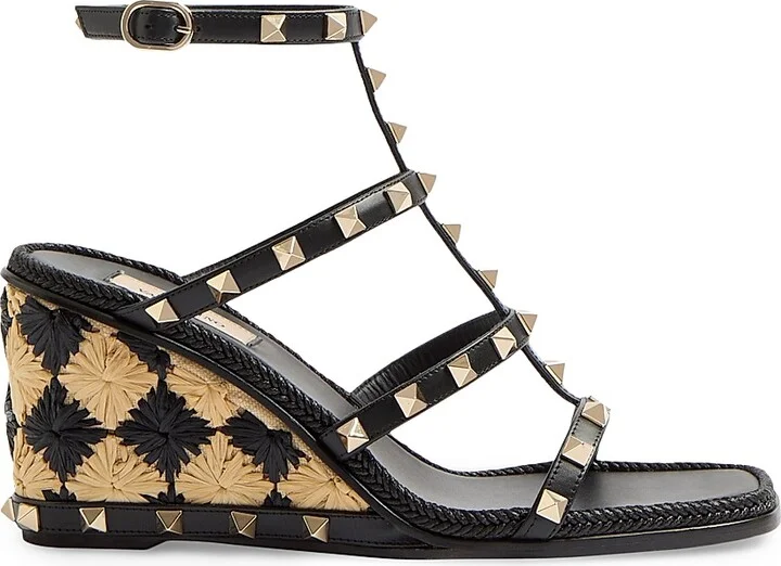 Women's Rockstud 80MM Wedge Sandals in Calfskin - Black Natural - Size 7