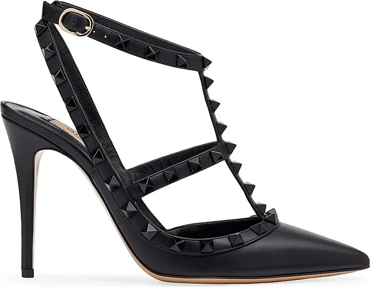 Women's Rockstud Ankle Strap Pumps With Tonal Studs 100 MM - Black - Size 6