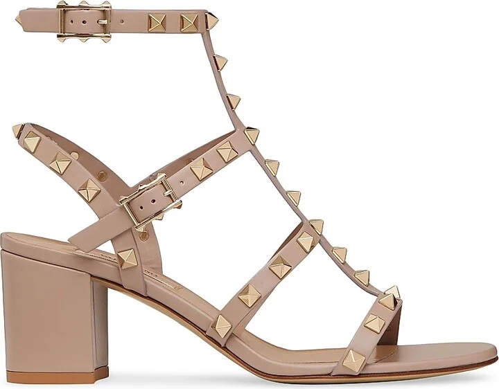 Women's Rockstud Calfskin Ankle Strap Sandals - Poudre - Size 6