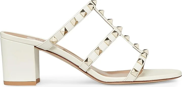 Women's Rockstud Calfskin Leather Slide Sandals 60MM - Light Ivory - Size 5
