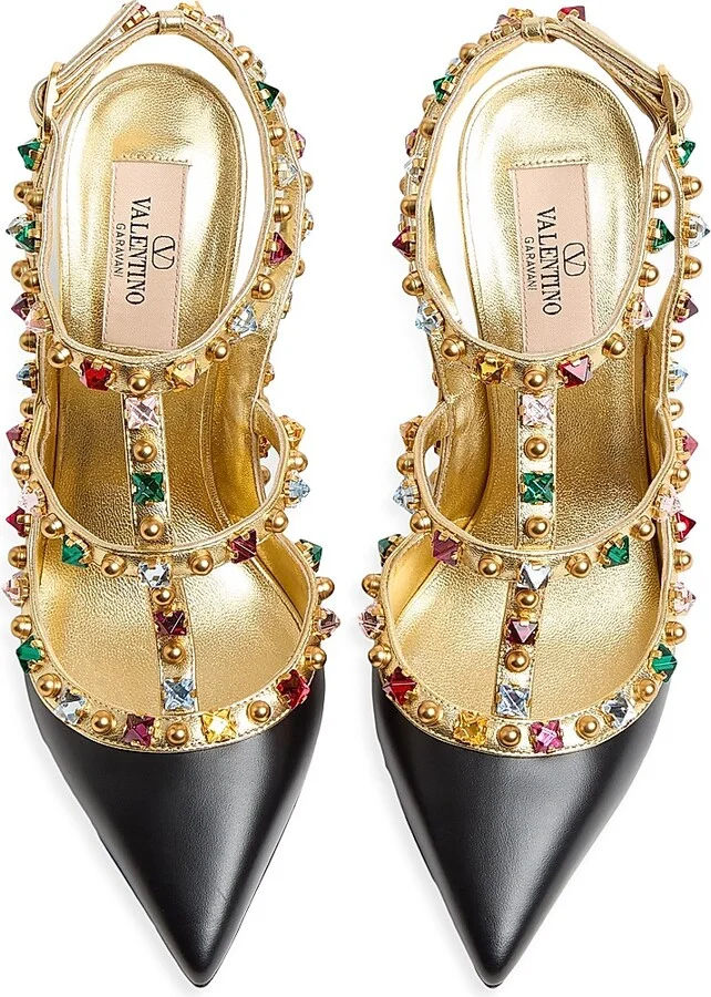 Women's Rockstud Calfskin Pumps 100MM Crystals - Black Antique Brass - Size 7 - Image 4