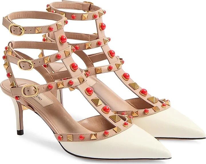 Women's Rockstud Calfskin Pumps with Cabochon Stones 65MM - Ivory Rose Cannelle Coral - Size 7 - Image 2