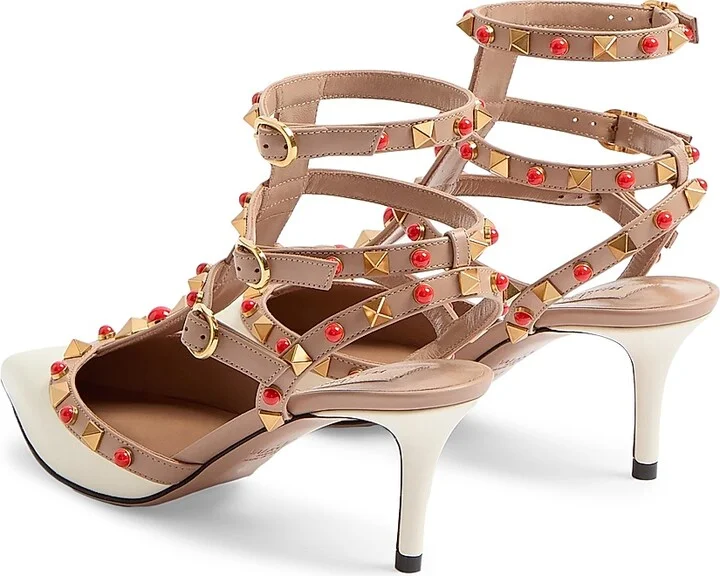 Women's Rockstud Calfskin Pumps with Cabochon Stones 65MM - Ivory Rose Cannelle Coral - Size 7 - Image 3